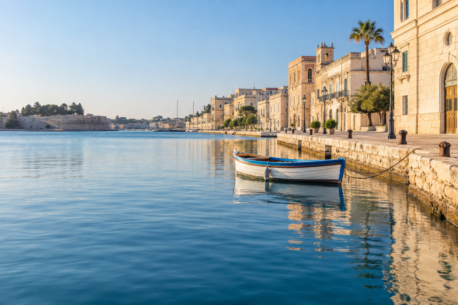 Still blue water and a small boat in a sunlit Mediterranean harbour